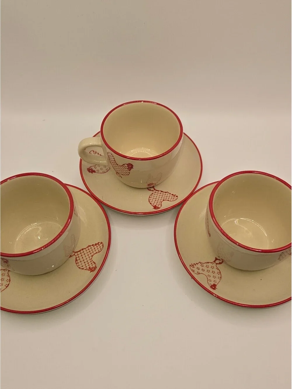 Vintage JOYYE Farmhouse Red Rooster / Chicken Teacups and Saucers (3), Country